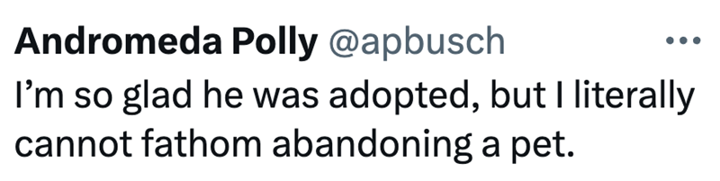 Andromeda Polly @apbusch I'm so glad he was adopted, but I literally cannot fathom abandoning a pet.
