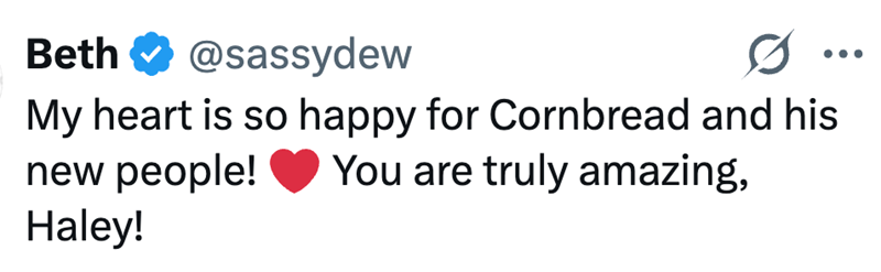 Beth @sassydew My heart is so happy for Cornbread and his new people! Haley! You are truly amazing,