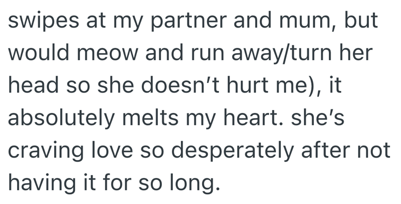 swipes at my partner and mum, but would meow and run away/turn her head so she doesn't hurt me), it absolutely melts my heart. she's craving love so desperately after not having it for so long.
