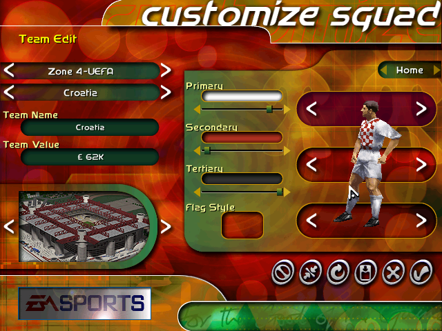 customize squad < < Team Edit Zone 4-UEFA Croatia Primary < Team Name Croatia Secondary Team Value £ 62K Tertiary ASPORTS Flag Style Home ®©®®
