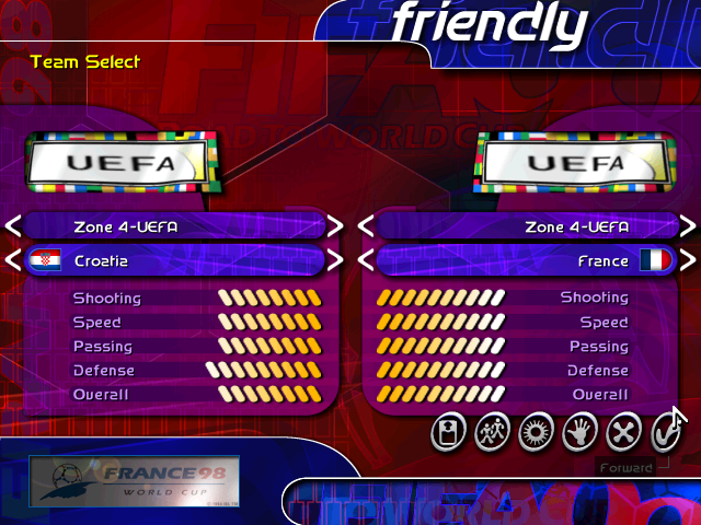 Team Select UEFA < Zone 4-UEFA < Croatia Shooting . Speed . Passing Defense . Overall FRANCE 98 WORLD CUP friendly ORLD G UEFA Zone 4-UEFA France Shooting Speed Passing Defense Overall Forward