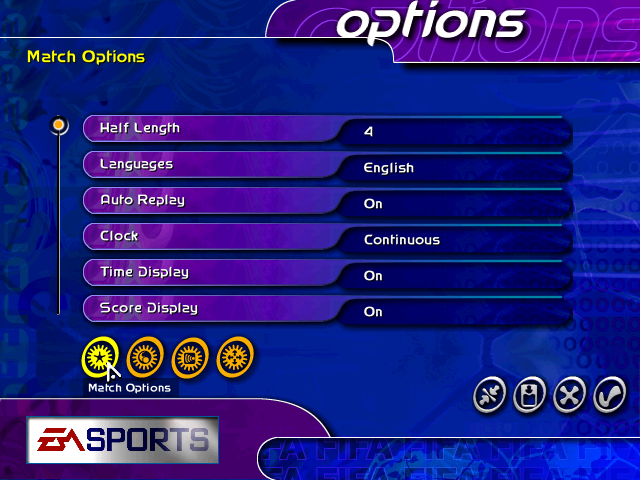 Match Options options ns Half Length Languages Auto Replay Clock Time Display Score Display English On Continuous On 66 On Match Options EASPORTS A FIFA 0000 3000