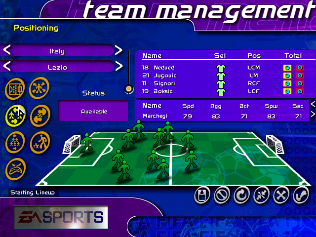 < < Positioning Italy Lazio **1 team management Name 18 Nedued 21 Jugovic 11 Signori Sel Pos Total Status 19 Boksic **** LCM O © LM © RCF © LCF © Name Spd Agg Bct Spw Sac < Available Marchegi 79 83 71 83 > 71 Starting Lineup ASPORTS O 0000 000 0000 0000