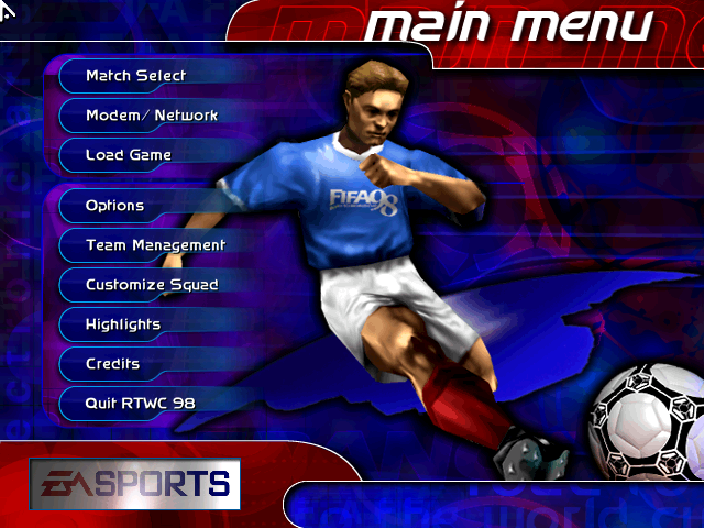 FIF Match Select Modem/Network Load Game Options Team Management Customize Squad Highlights Credits Quit RTWC 98 Con main menu FIFA98 EASPORTS TIK
