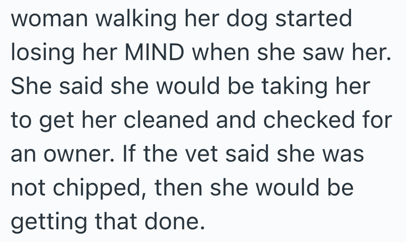 woman walking her dog started losing her MIND when she saw her. She said she would be taking her to get her cleaned and checked for an owner. If the vet said she was not chipped, then she would be getting that done.
