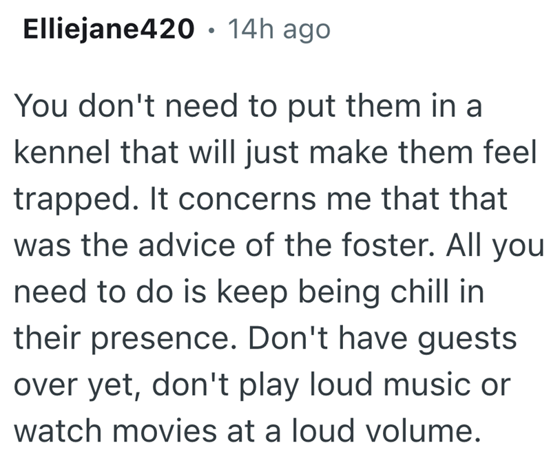 Elliejane420 • 14h ago You don't need to put them in a kennel that will just make them feel trapped. It concerns me that that was the advice of the foster. All you need to do is keep being chill in their presence. Don't have guests over yet, don't play loud music or watch movies at a loud volume.