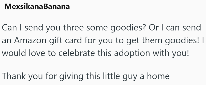 MexsikanaBanana Can I send you three some goodies? Or I can send an Amazon gift card for you to get them goodies! I would love to celebrate this adoption with you! Thank you for giving this little guy a home