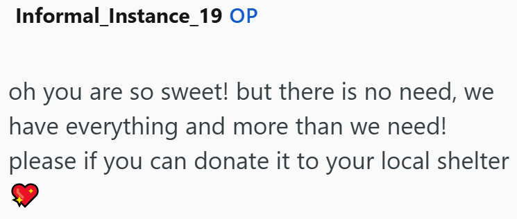 Informal_Instance_19 OP oh you are so sweet! but there is no need, we have everything and more than we need! please if you can donate it to your local shelter