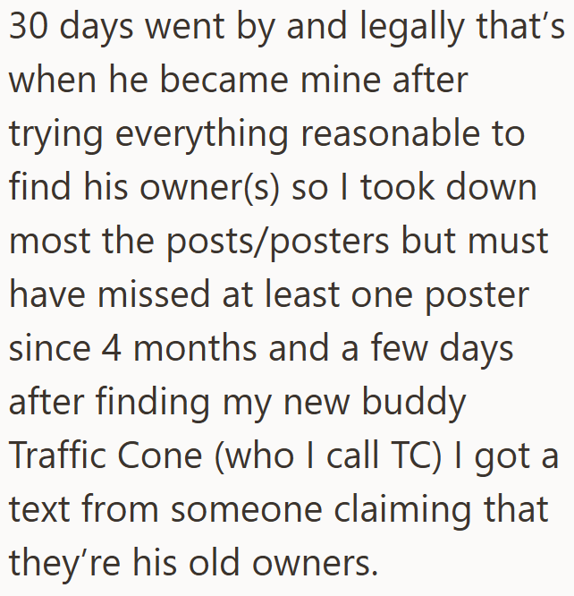 30 days went by and legally that's when he became mine after trying everything reasonable to find his owner(s) so I took down most the posts/posters but must have missed at least one poster since 4 months and a few days after finding my new buddy Traffic Cone (who I call TC) I got a text from someone claiming that they're his old owners.
