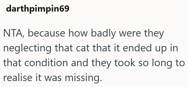 darthpimpin69 NTA, because how badly were they neglecting that cat that it ended up in that condition and they took so long to realise it was missing.