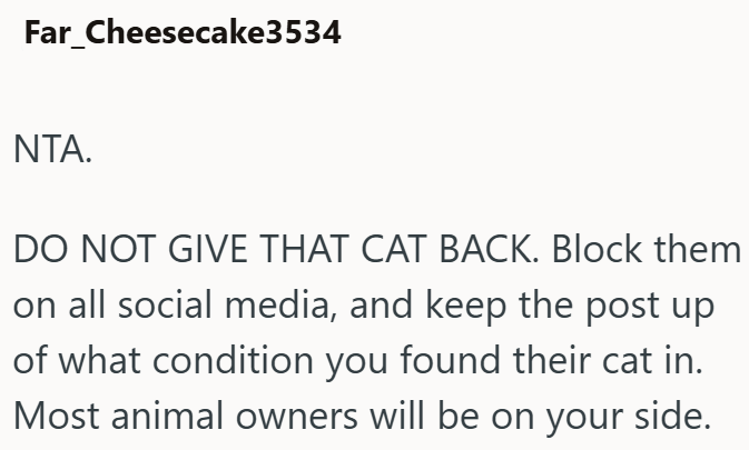 Far_Cheesecake3534 NTA. DO NOT GIVE THAT CAT BACK. Block them on all social media, and keep the post up of what condition you found their cat in. Most animal owners will be on your side.