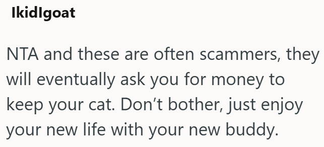 Ikidlgoat NTA and these are often scammers, they will eventually ask you for money to keep your cat. Don't bother, just enjoy your new life with your new buddy.