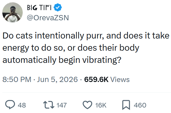 BIG TIMI @OrevaZSN Do cats intentionally purr, and does it take energy to do so, or does their body automatically begin vibrating? 8:50 PM ⚫ Jun 5, 2026 659.6K Views 48 147 16K ☐ 460