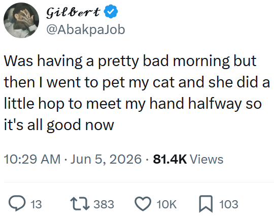 Gilbert @AbakpaJob Was having a pretty bad morning but then I went to pet my cat and she did a little hop to meet my hand halfway so it's all good now 10:29 AM Jun 5, 2026 81.4K Views • 13 17383 10K ☐ 103