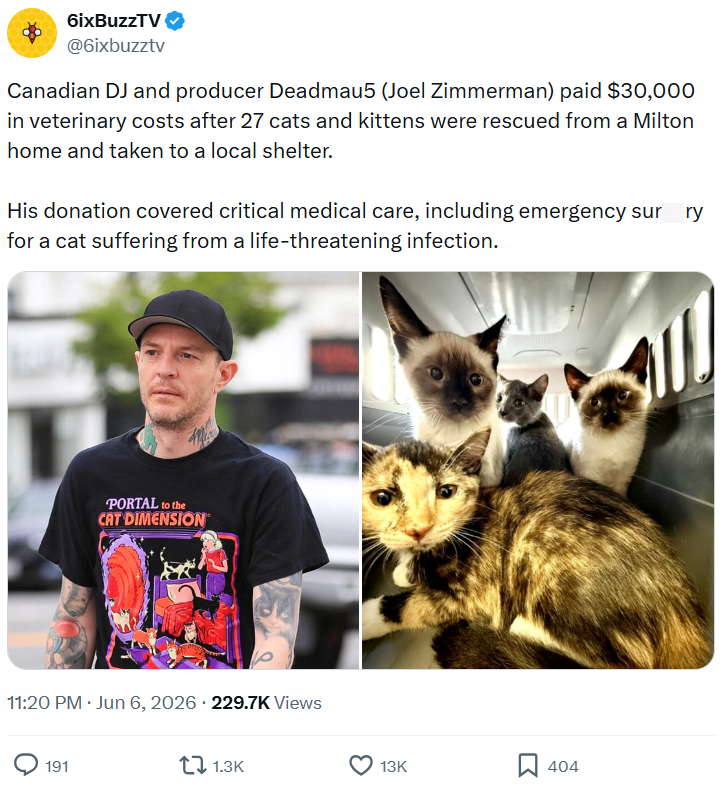 6ixBuzzTV @6ixbuzztv Canadian DJ and producer Deadmau5 (Joel Zimmerman) paid $30,000 in veterinary costs after 27 cats and kittens were rescued from a Milton home and taken to a local shelter. His donation covered critical medical care, including emergency sur ry for a cat suffering from a life-threatening infection. PORTAL to the CAT DIMENSION 11:20 PM Jun 6, 2026 229.7K Views 191 1.3K 404 13K