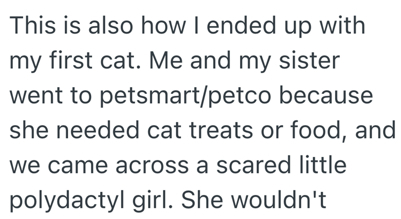 This is also how I ended up with my first cat. Me and my sister went to petsmart/petco because she needed cat treats or food, and we came across a scared little polydactyl girl. She wouldn't