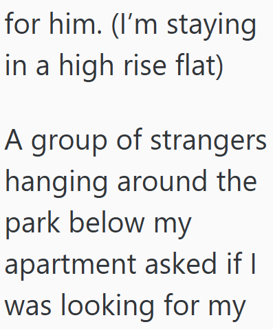 for him. (I'm staying in a high rise flat) A group of strangers hanging around the park below my apartment asked if I was looking for my