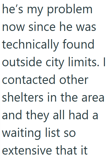 he's my problem now since he was technically found outside city limits. I contacted other shelters in the area and they all had a waiting list so extensive that it
