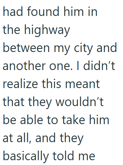 had found him in the highway between my city and another one. I didn't realize this meant that they wouldn't be able to take him at all, and they basically told me