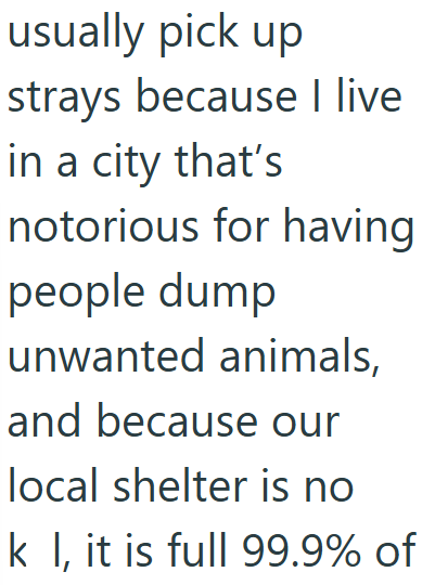 usually pick up strays because I live in a city that's notorious for having people dump unwanted animals, and because our local shelter is no k I, it is full 99.9% of