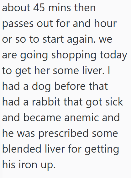 about 45 mins then passes out for and hour or so to start again. we are going shopping today to get her some liver. I had a dog before that had a rabbit that got sick and became anemic and he was prescribed some blended liver for getting his iron up.