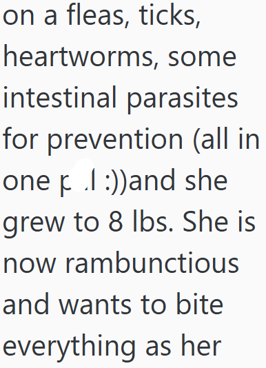on a fleas, ticks, heartworms, some intestinal parasites for prevention (all in one :))and she grew to 8 lbs. She is now rambunctious and wants to bite everything as her