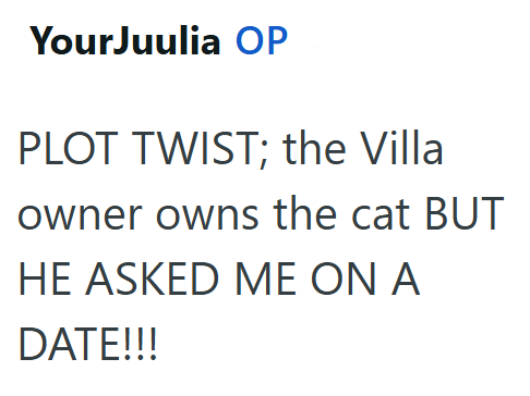 YourJuulia OP PLOT TWIST; the Villa owner owns the cat BUT HE ASKED ME ON A DATE!!!