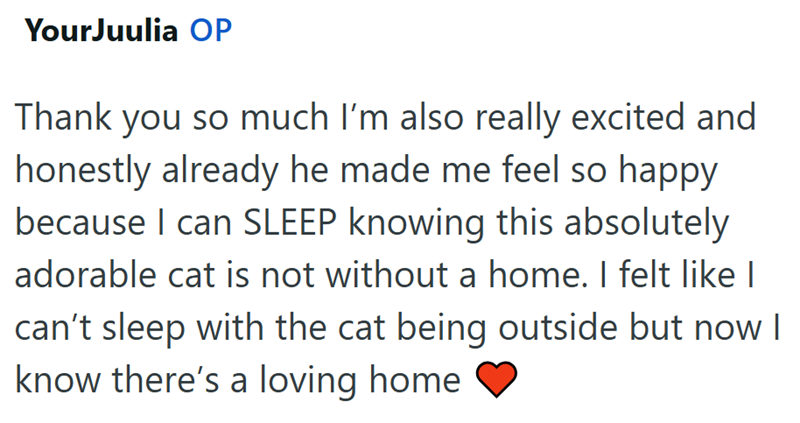 YourJuulia OP Thank you so much I'm also really excited and honestly already he made me feel so happy because I can SLEEP knowing this absolutely adorable cat is not without a home. I felt like I can't sleep with the cat being outside but now I know there's a loving home