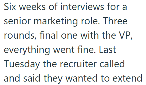 Six weeks of interviews for a senior marketing role. Three rounds, final one with the VP, everything went fine. Last Tuesday the recruiter called and said they wanted to extend