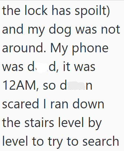 the lock has spoilt) and my dog was not around. My phone was dd, it was 12AM, so d n scared I ran down the stairs level by level to try to search