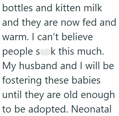 bottles and kitten milk and they are now fed and warm. I can't believe people sok this much. My husband and I will be fostering these babies until they are old enough to be adopted. Neonatal