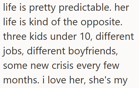 life is pretty predictable. her life is kind of the opposite. three kids under 10, different jobs, different boyfriends, some new crisis every few months. i love her, she's my