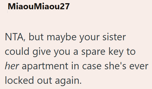 MiaouMiaou27 NTA, but maybe your sister could give you a spare key to her apartment in case she's ever locked out again.