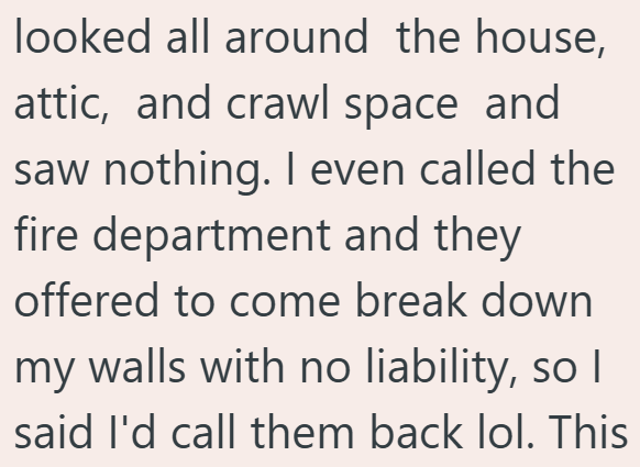 looked all around the house, attic, and crawl space and saw nothing. I even called the fire department and they offered to come break down my walls with no liability, so I said I'd call them back lol. This