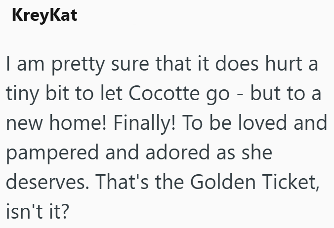 KreyKat I am pretty sure that it does hurt a tiny bit to let Cocotte go - but to a new home! Finally! To be loved and pampered and adored as she deserves. That's the Golden Ticket, isn't it?