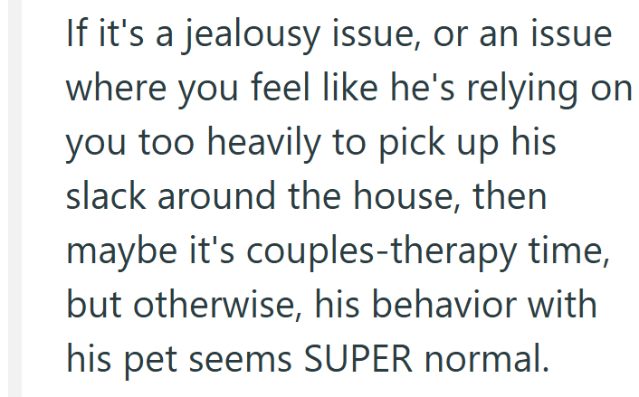 If it's a jealousy issue, or an issue where you feel like he's relying on you too heavily to pick up his slack around the house, then maybe it's couples-therapy time, but otherwise, his behavior with his pet seems SUPER normal.