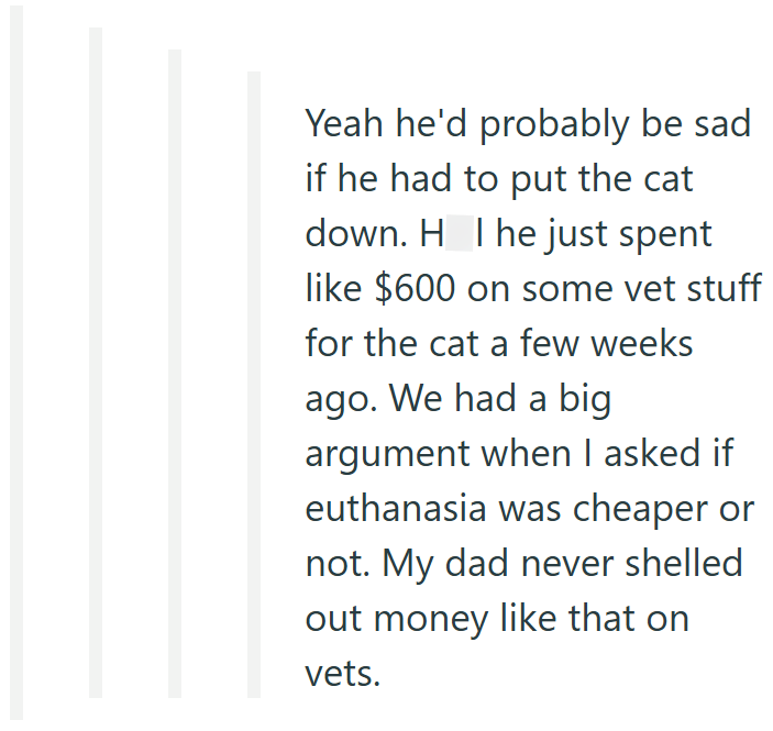 Yeah he'd probably be sad if he had to put the cat down. H Ihe just spent like $600 on some vet stuff for the cat a few weeks ago. We had a big argument when I asked if euthanasia was cheaper or not. My dad never shelled out money like that on vets.