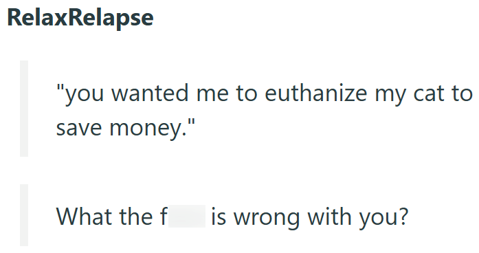 RelaxRelapse "you wanted me to euthanize my cat to save money." What the f is wrong with you?