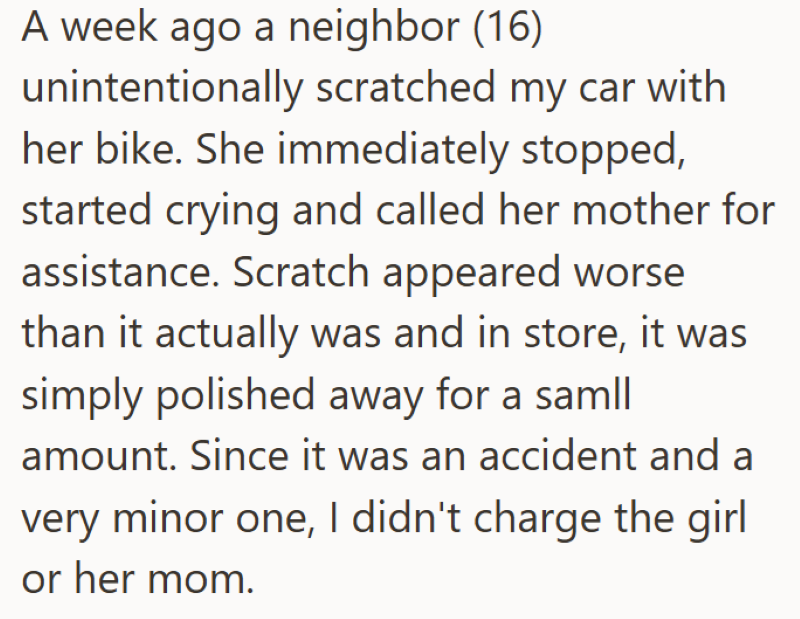 A week ago a neighbor (16) unintentionally scratched my car with her bike. She immediately stopped, started crying and called her mother for assistance. Scratch appeared worse than it actually was and in store, it was simply polished away for a samll amount. Since it was an accident and a very minor one, I didn't charge the girl or her mom.