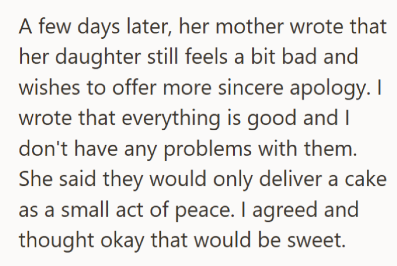 A few days later, her mother wrote that her daughter still feels a bit bad and wishes to offer more sincere apology. I wrote that everything is good and I don't have any problems with them. She said they would only deliver a cake as a small act of peace. I agreed and thought okay that would be sweet.