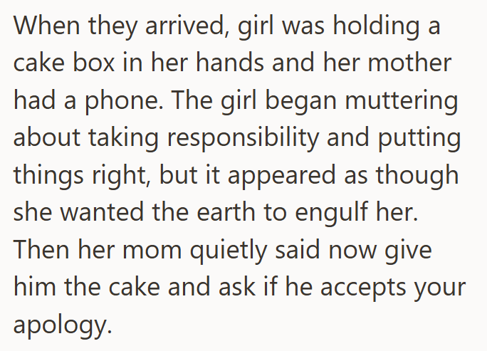 When they arrived, girl was holding a cake box in her hands and her mother had a phone. The girl began muttering about taking responsibility and putting things right, but it appeared as though she wanted the earth to engulf her. Then her mom quietly said now give him the cake and ask if he accepts your apology.