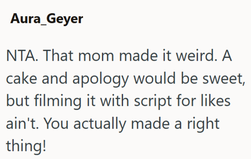 Aura_Geyer NTA. That mom made it weird. A cake and apology would be sweet, but filming it with script for likes ain't. You actually made a right thing!
