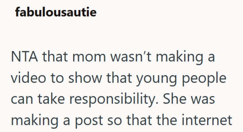 fabulousautie NTA that mom wasn't making a video to show that young people can take responsibility. She was making a post so that the internet