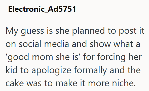Electronic_Ad5751 My guess is she planned to post it on social media and show what a 'good mom she is' for forcing her kid to apologize formally and the cake was to make it more niche.