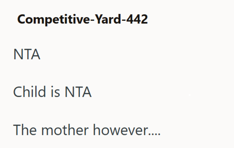 Competitive-Yard-442 NTA Child is NTA The mother however....