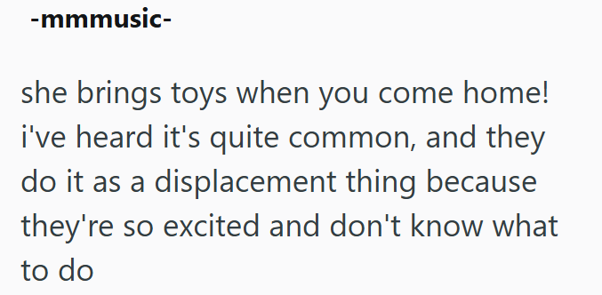 -mmmusic- she brings toys when you come home! i've heard it's quite common, and they do it as a displacement thing because they're so excited and don't know what to do