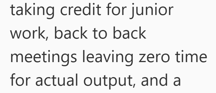 taking credit for junior work, back to back meetings leaving zero time for actual output, and a