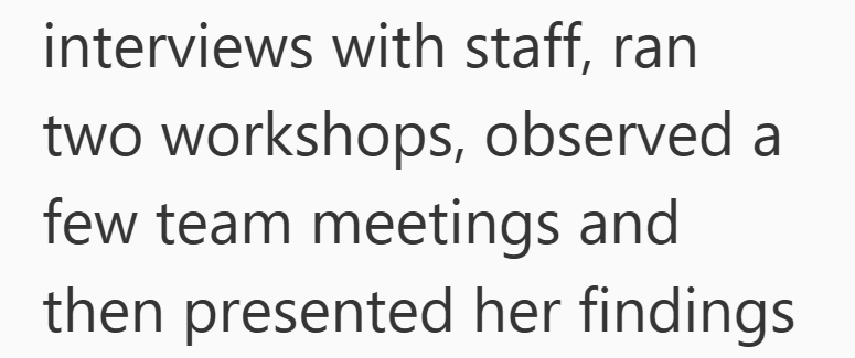 interviews with staff, ran two workshops, observed a few team meetings and then presented her findings