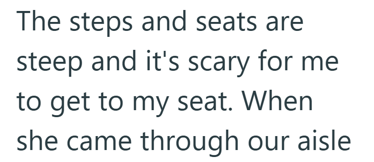 The steps and seats are steep and it's scary for me to get to my seat. When she came through our aisle