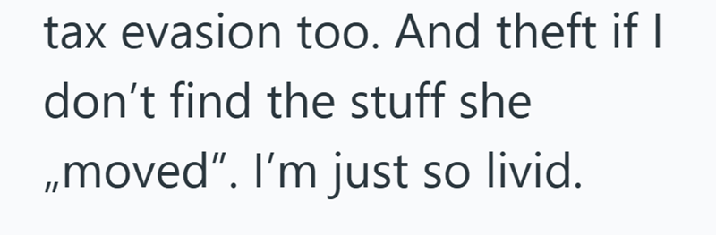 tax evasion too. And theft if I don't find the stuff she ,,moved". I'm just so livid.
